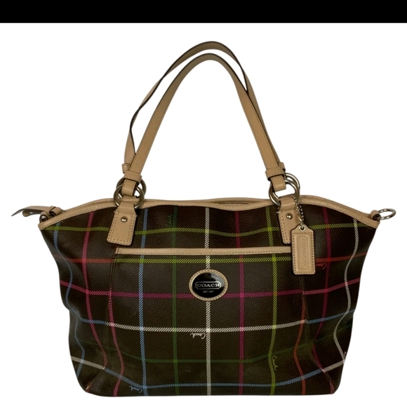 Coach Handbags - Coach Brown Plaid Tote with Tan Handles and Multicolor Stripes